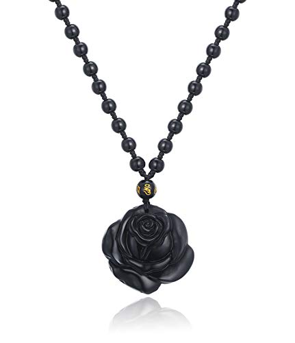 Thajaling Collar con colgante de rosa con talla de cristal de obsidiana negra, colgante de piedra de obsidiana con flor de piedras preciosas naturales de Reiki curativo, regalo
