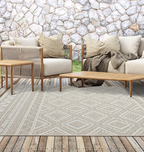 the carpet Calgary - Robusta Alfombra de Exterior, Moderna, Resistente a la Intemperie y a los Rayos UV, para el balcón, la terraza o la Cocina, Plana, Beige, 160 x 220 cm