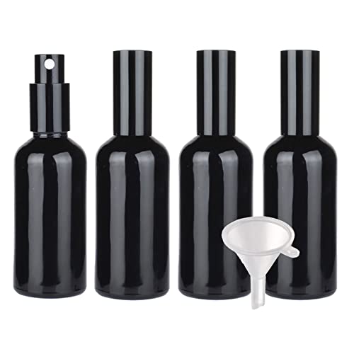 TIANZD 4 Piezas Botella de Cristal Negro con Bomba en Spray 100ml, Frasco de vidrio con Pulverizador Negro para Aceites Esenciales Perfume Envase Cosmético, Embudo