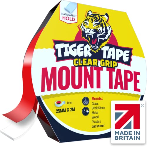 Tiger Tape® Cinta adhesiva transparente para montaje en pared de doble cara, gruesa y fuerte, adhesiva, vidrio, ladrillo, piedra, metal, madera, transparentes, 2 metros.