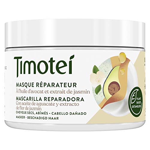 Timotei mascarilla reparadora para cabello dañado con aceite de aguacate y extracto de flor de Jazmín; con desenredantes de origen vegetal, 98% ingredientes de origen natural y sin siliconas, 300ml