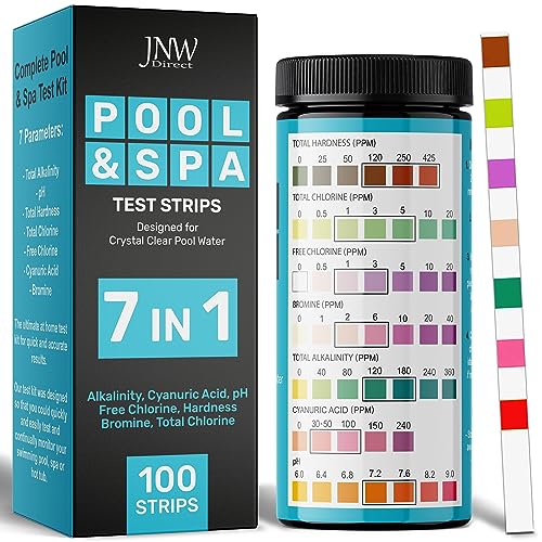Tiras pH rápidas y precisas para agua de piscina y spa - Kit analizador de cloro y pH 7 en 1 - 100 tiras test cloro, bromo, pH y dureza con eBook - JNW Direct