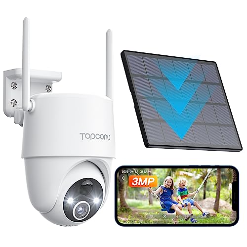 Topcony 2K Cámara de Vigilancia WiFi Exterior Batería, Cámara de Seguridad Domicilio sin Cable con Panel Solar, Visión Nocturna en Color 360°, Detección de Movimiento PIR, Alarma de Luz-Sonido, IP65