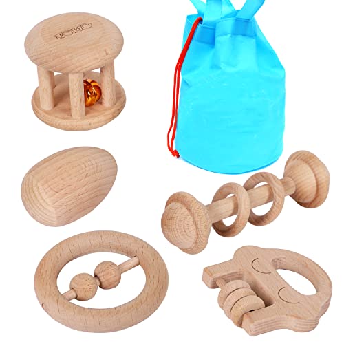 Toys of Wood Oxford Sonajeros de Madera Maracas Juguetes - orgánicos Que agarran la dentición Cuerda Musicales - Desarrollo sensorial del Cerebro - Regalo de Nacimiento niños niñas bebés 6 Meses