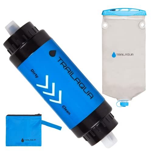 TrailAqua Filtro de agua para exteriores: elimina el 99,99% de bacterias a 0,1 micras. Filtración rápida portátil con bolsa de agua para senderismo, camping, supervivencia y viajes