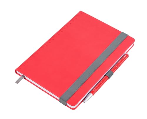 TROIKA - Bloc de notas A5, incluye bolígrafo, banda elástica, lapicero, marcapáginas, para reuniones, todos, diario, papel FSC, piel sintética, metal, color rojo