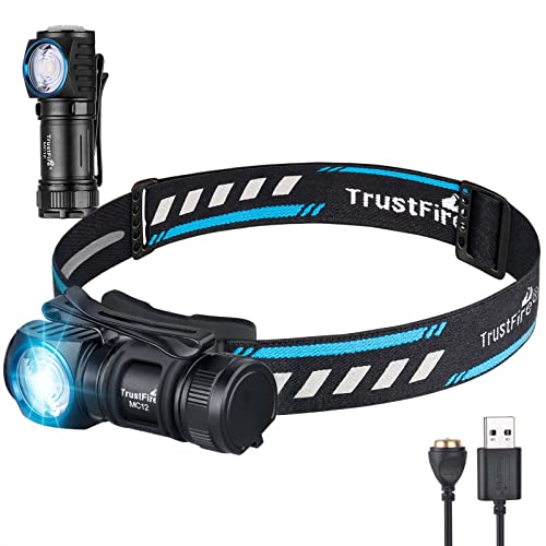 TrustFire MC12 Linterna frontal LED linterna recargable de 1000 lúmenes ajustable de 180 °, Cable de carga USB magnético para acampar al aire libre Senderismo Correr