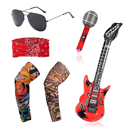 TSHAOUN 6 PCS Hippie Costume Set,Accesorios de Disfraz de Rocker Los 70 80 90 Disfraz, Diadema Vintage Roja Tatuaje Mangas Brazo Sol Gafas Hinchable Guitarra Micr (6 Pack)