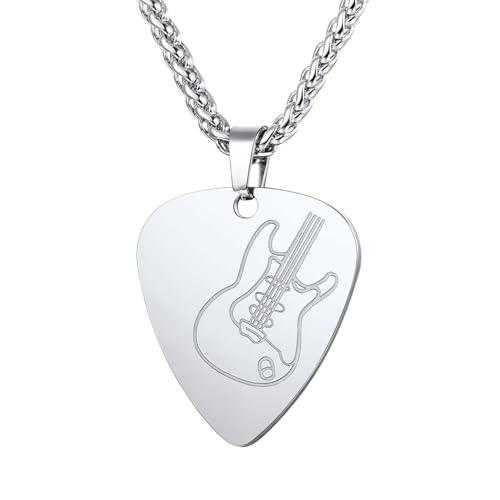 U7 Púa de Guitarra Cadena Plateada con Colgante plectro Cadena Metal Acero Inoxidable 316l Colgante pequeño para músicos Accesorio Instrumento Musical de Hombres