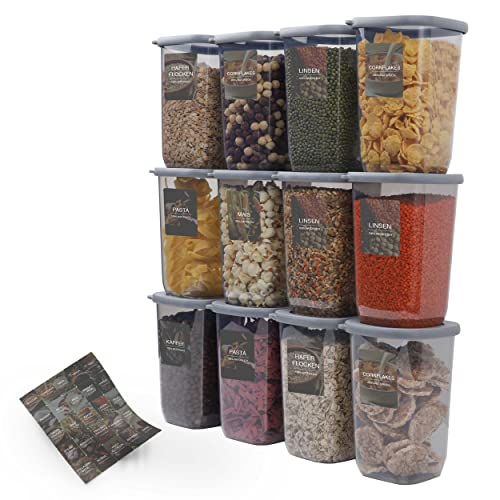 UANDU Juego de 12 latas de almacenamiento para cereales y recipientes con tapa, sin BPA, de plástico, 1.2 L herméticos, harina, Caja de almacenamiento de cocina, lata, depósito de almacenamiento