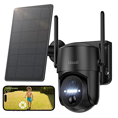 Uoozi 2K Cámara de Vigilancia WiFi Exterior Solar, HD Batería Camara de Seguridad 360° PTZ con Visión Nocturna en Color, Detección de Movimiento PIR, Audio Bidireccional, Alarma de Luz y Sonido, IP66