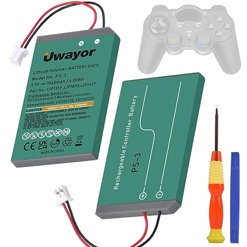 Uwayor Batería PS3 Controller Batería PS3 de repuesto 2 x 1860 mAh para Sony Playstation 3 y Dualshock 3 controlador inalámbrico con herramienta de instalación