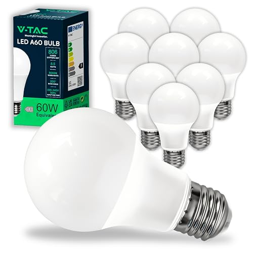 V-TAC 10x Bombillas LED E27, Edison - A60-8,5W (Equivalente a 60W) - 806 Lumen - 3000K Blanco Cálido - Apertura del Haz de Luz 200° - Máxima Eficiencia y Bajo Consumo, VT-2099-10