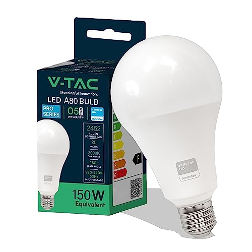 V-TAC Bombilla LED E27 - A80-20W (Equivalente a 150W) - 2452 Lumen - 3000K Blanco Calido - Apertura del Haz de Luz 200° - Máxima Eficiencia y Bajo Consumo