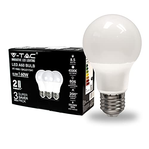 V-TAC Bombillas LED E27 - A60-8,5W (Equivalente a 60W) - 806 Lumen - 4000K Blanco Neutro - Apertura del Haz de Luz 200° - Máxima Eficiencia y Bajo Consumo - Paquete de 3, VT-1900