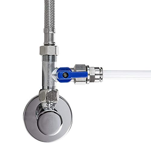 Válvula de cierre con adaptador en T de 3/8 pulgadas x 3/8 pulgadas para la conexión de filtro de agua, ósmosis inversa, frigoríficos, cafetera (3/8 pulgadas x 8mm x 3/8 pulgadas macho)