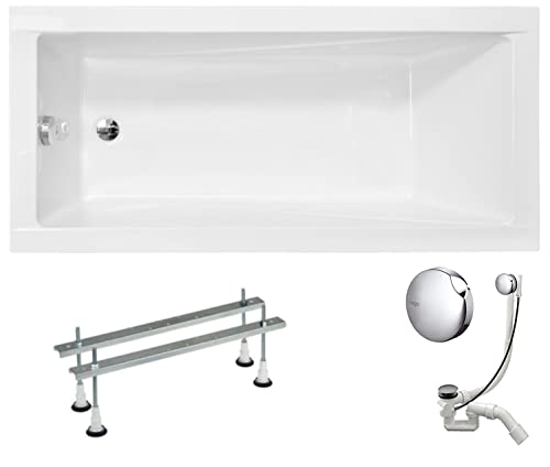 VBChome Bañera acrílica 130 x 70 cm, color blanco, rectangular, sifón, patas de bañera, diseño moderno, desagüe en cromo Viega Simplex