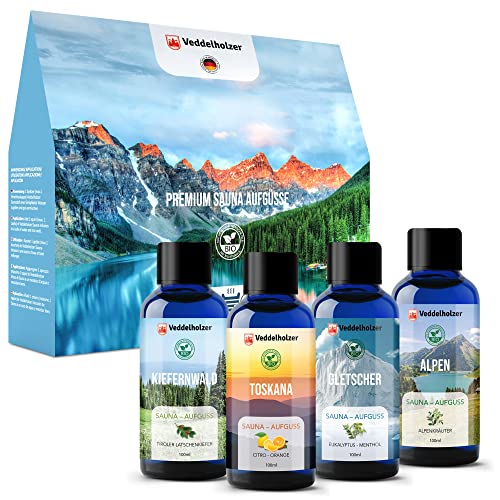 Veddelholzer Infusión de sauna orgánica, 4 x 100 ml, diferentes aceites de sauna, infusión, como accesorio para sauna, todo en un set de sauna, infusión, 100% aceites esenciales naturales