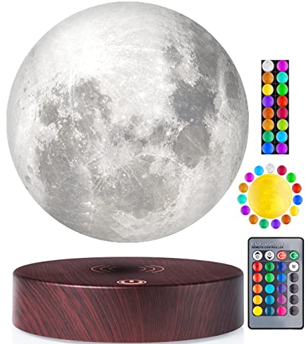 VGAzer Lámpara de luna levitante, flotante y giratoria en el aire libremente con base de madera de lujo y luz de luna LED de impresión 3D en 3 colores
