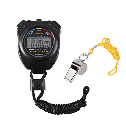 Vicloon Digital Cronómetro con Silbato de Acero Inoxidable - LCD Deporte Cronómetro para Fútbol,Baloncesto,Correr,Natación,Fitness y Más（Negro）