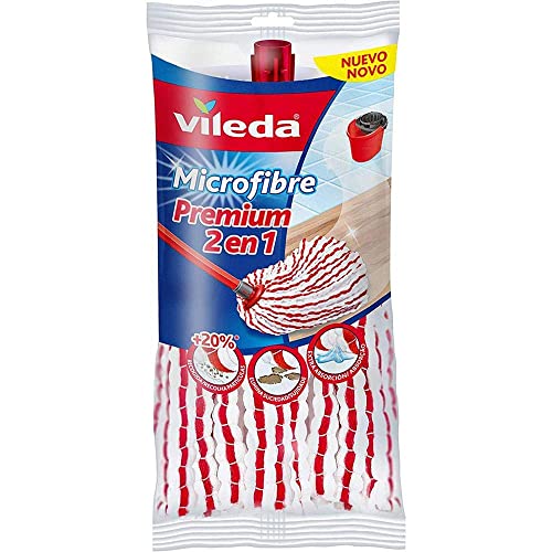 Vileda 2en1 Recambio de fregona microfibras apto para todos los sistemas de fregado, recoge el pelo y la suciedad y elimina más del 99% de las bacterias solo con agua