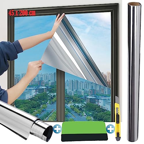 Vinilos Espejo para Ventanas, Vinilo Ventana Anti Sol, 99% de Protección UV y Rotección de la Intimidad,Vinilo Espejo para el Hogar y la Oficina(45 x 200 cm)