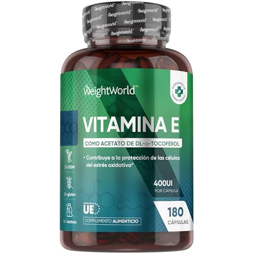 Vitamina E Natural 400UI, 180 Cápsulas - Potente Antioxidante de Acetato de DL-α-Tocoferol con Alta Absorción, Contribuye a Proteger las Células del Estrés Oxidativo