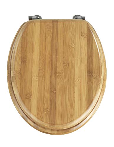 WENKO Asiento de inodoro de bambú, asiento de bambú auténtico, tapa con bisagras de acero inoxidable, 34 x 41 cm, marrón oscuro