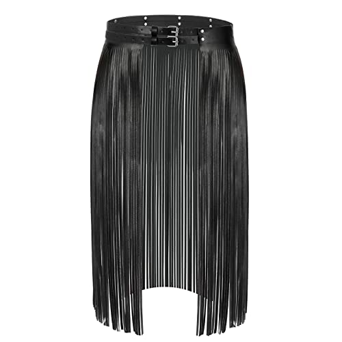 WERFORU Falda con flecos para mujer, cinturón de moda de piel sintética, borla, falda punk, cinturón de cintura, B-negro borla longitud 70cm, 125 cm
