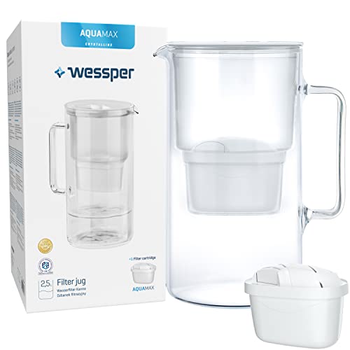Wessper Jarra filtradora de vidrio con 1 cartucho de filtro, Compatible con el filtro Brita Maxtra, Reduce la cal, el cloro y los Microplásticos, 2.5 Litros, Blanco