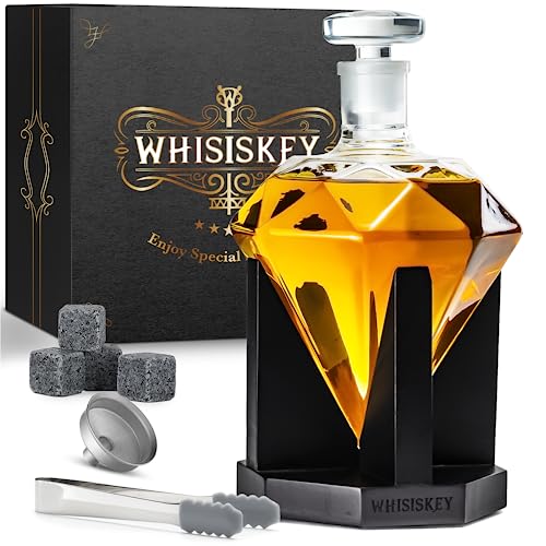 Whisiskey - Decantador de Whisky - Jarra de Whisky - Diamante - 900 ml - Regalo Hombres - Cubitos Hielo Reutilizables - Regalos Originales para Hombre - Incl: 4 Piedras de Whisky y Bar de Hielo