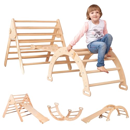 WoodandHearts Triángulo para niños pequeños Rock con rampa y Arco – Montessori Escalador Escalera Slide – Aprendizaje Waldorf Escalada Arco – Juego de 3 Piezas Natural Madera (Talla Grande)