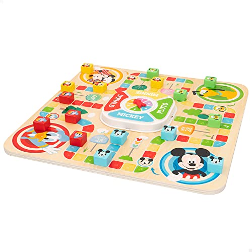 WOOMAX 48735 - Juego de parchís y oca Mickey Mouse, Juegos de mesa, Juguetes educativos, Tablero de madera, Disney, Incluye 18 piezas, A partir de 4 años, Regalos para niños