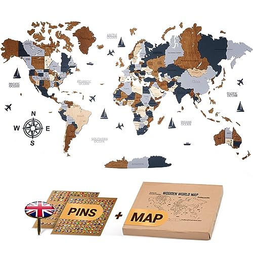 WOW WOOD® Pared Decoración Mapa del Mundo de Madera en inglés con alfileres | Montaje en pared sin herramientas | Idea de regalo para cualquier celebración | Pared para el hogar y la oficina