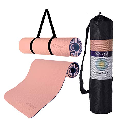 Wueps esterilla yoga antideslizante, incluye correa de hombro y bolsa de transporte, ideal para realizar deporte en casa, (Color Rosa Goma y Azul Oscuro)