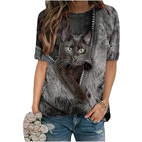 XKYDYF Mujer Camiseta 3D con Estampado Jersey para Mujer Camiseta con Estampado De Gato De Dibujos Animados En 3D Camisetas Holgadas De Manga Corta con Cuello Redondo Camisetas Casuales De Primavera