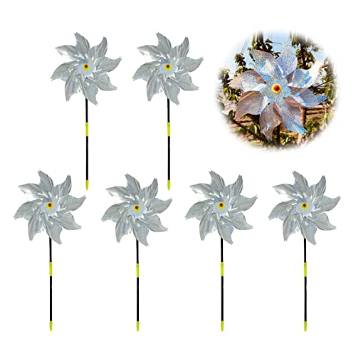 Yaclonq Juego de 6 molinillos reflectantes con estacas, molinillos de viento para pájaros, para decoración de jardín, para proteger el jardín, patio o techo