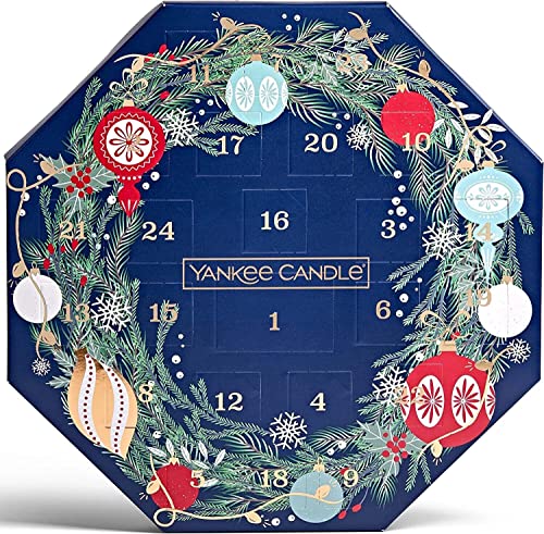 Yankee Candle Corona de calendario de adviento, Juego de velas perfumadas de Navidad, 24 luces de té y 1 candelabro de cristal, Cuenta atrás para la colección de Navidad (1631477E)