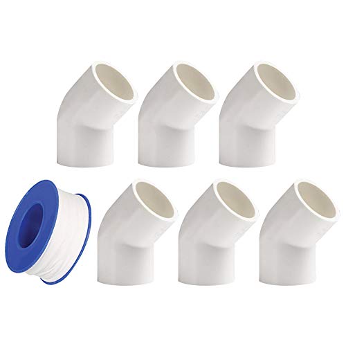 YOFASEN Kit de Accesorios de Tubo PVC de Plomería de 6 Piezas, 32mm - Conectores de Codo de 45 Grados para Tubería de Agua - Conector de Tubería de + Cinta de plomería