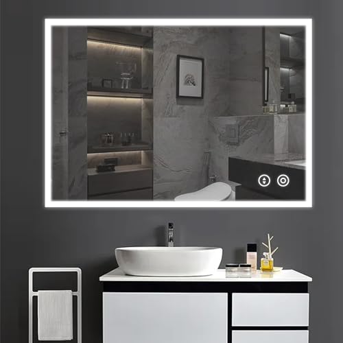 YOLEO Espejo de Baño con Iluminación, Espejo de Pared, 80 x 60 cm, Antivaho, con Interruptor Táctil, Luz Blanca Fría, 6400 K