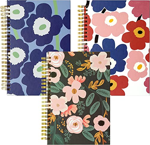 YOOMONA Juego de 3 cuadernos en espiral, A5 con diseño de flores, cuaderno de viaje, cuaderno de dibujo, 14 x 21 cm, 75 hojas, 100 g/m² de papel