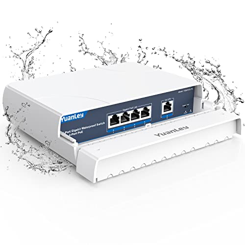 YuanLey Switch PoE de 4 Puertos Gigabit Impermeable Exteriores Conmutador de Red Ethernet No Administrado con Función VLAN, 78W de Potencia Incorporada, Soporte IEEE802.3af/at y Plug & Play