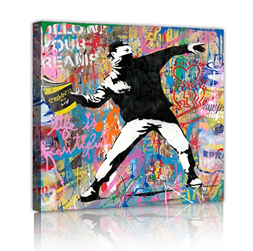 YUNART Lienzo enmarcado Banksy graffiti hombres tiran libro lienzo abstracto arte de pared impresiones para dormitorio oficina sala de estar decoración de pared 30x30cm marco interior