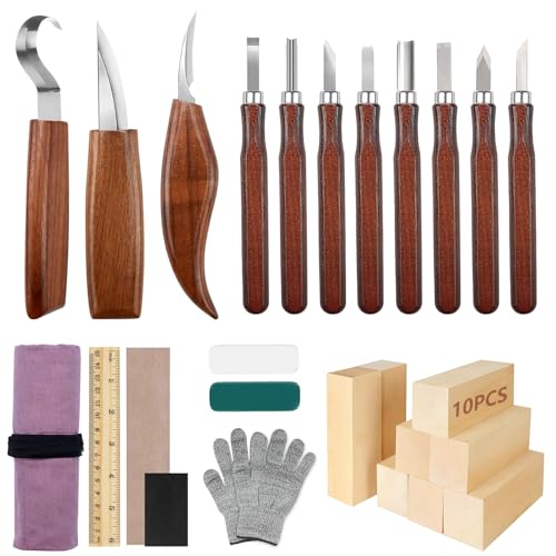 YUTUY Juego de herramientas para tallar madera,29 piezas Herramientas de tallado,Herramientas De Talla De Madera con guantes resistentes a cortes,Para Principiantes, Grabadores y Artistas