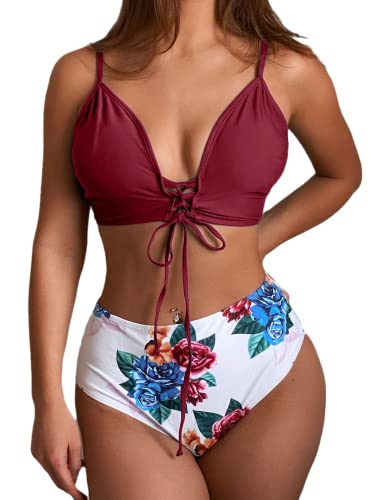 ZAFUL Conjunto de bikini Bandeau con hombros descubiertos para mujer, traje de baño con estampado floral, #1-ladrillo de arcilla refractaria, M