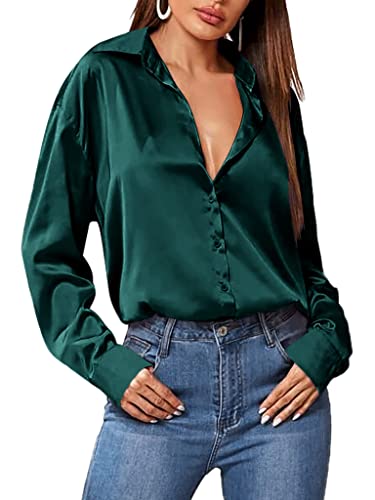 Zeagoo Blusa de satén para mujer, cuello en V, informal, de seda, blusa de manga larga, camisas, túnica, camisa, verde oscuro, M