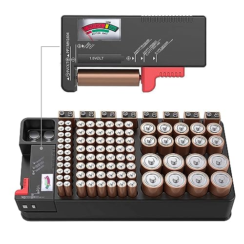 ZHITING Organizador de Batería,Caja de Almacenamiento de baterías,Sostiene 110 baterías para AAA, AA, 9V, C, D y batería de botón con probador de batería(Pilas No Incluida)