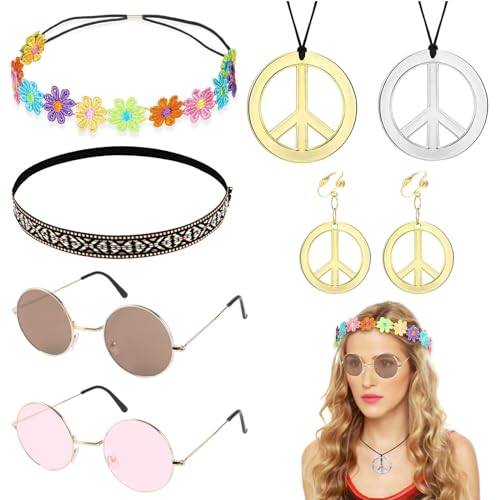 ZOCONE 7 Piezas Accesorios Hippie Costume Set, Hippie Accesorios para Fiesta Retro Anos 60 y 70 Incluir Diademas Gafas Colares Pendientes, Conjunto de Disfraces de Hippie para Mujer y Niña