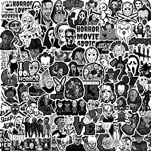 100 pegatinas de película de terror con personajes de graffiti, vinilo resistente al agua, negro y blanco, pegatinas de terror para portátil, maleta, Halloween, decoración de pared
