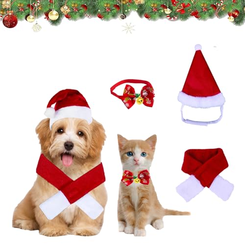 3 Piezas Disfraces Navidad para Gatos Perros, Sombrero Gorro Navidad Perro y Gato,traer Bufanda e Pajarita de Mascotas, Disfraces de Navidad para Mascotas,Accesorios Ropa Navideño de Mascota